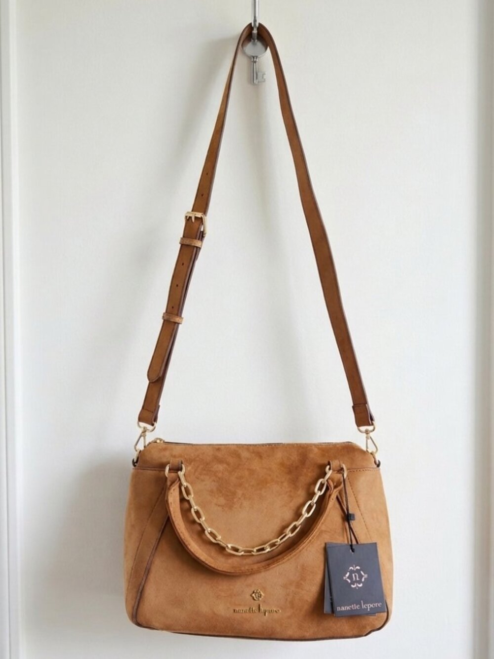 Nanette Lepore Clarissa Satchel Crossbody‎ Bag in Camel Tan Vegan Suede - NWT